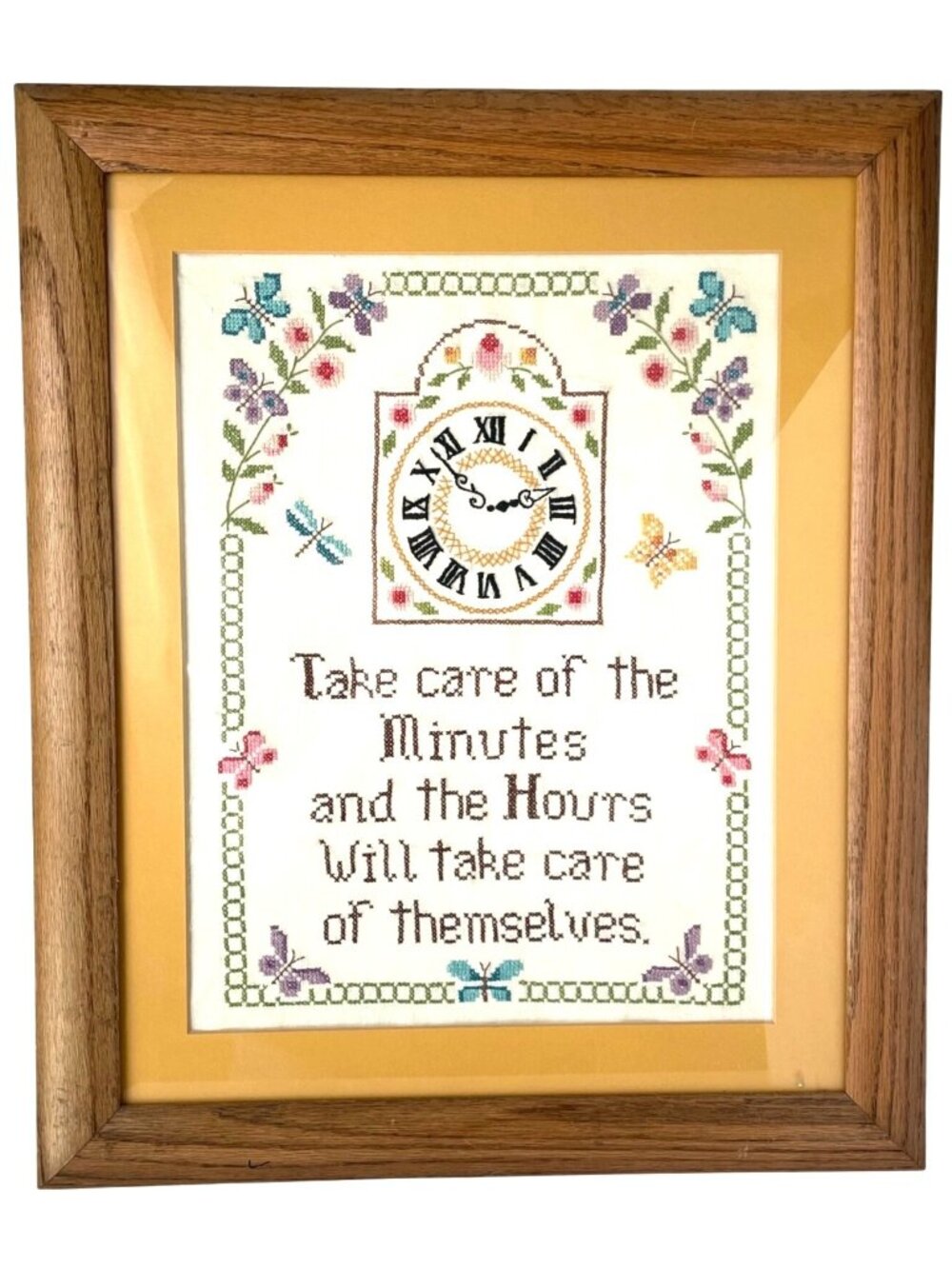 Vintage Framed CrossStitch Embroidery Bucilla Minutes & Hours 23x19 Wall Art